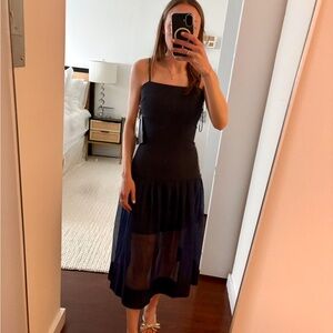 Navy Spaghetti-Strap Sheer Midi Dress